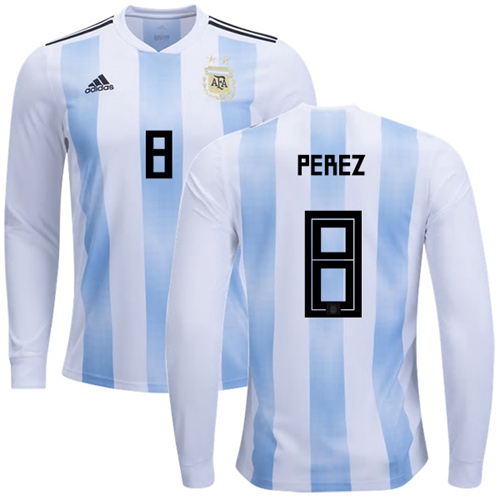 Argentina #8 Perez Home Long Sleeves Soccer Country Jersey